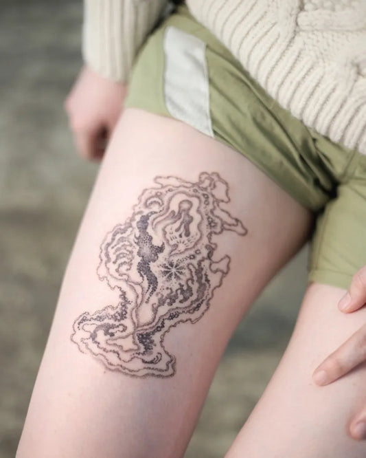 Medium Black and Grey Abstract Mandala Spiritual Tattoo on Women Thigh by @jangmi.ink