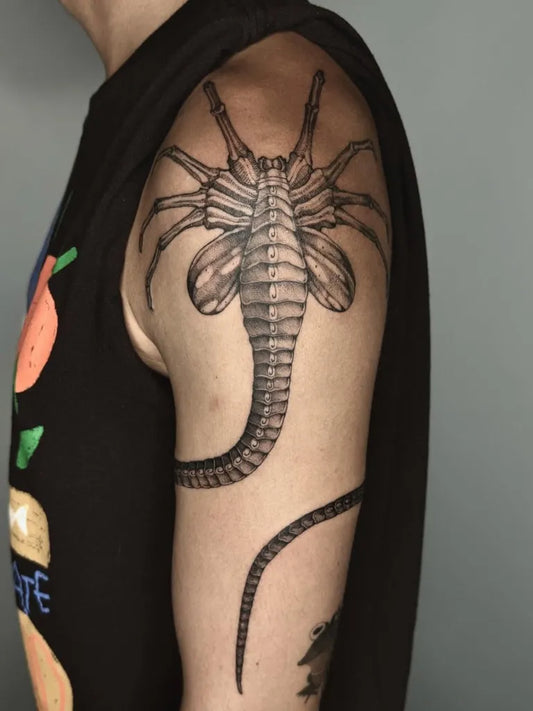 Medium Black and Grey Alien Tattoo on Men Shoulder by @deadgirlnextdoor