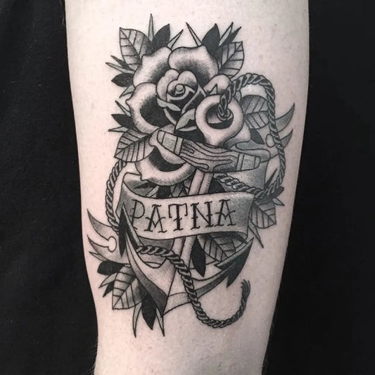 Medium Black and Grey Anchor Rose Banner Tattoo on Men Arm by @eyeofthetigertattoo