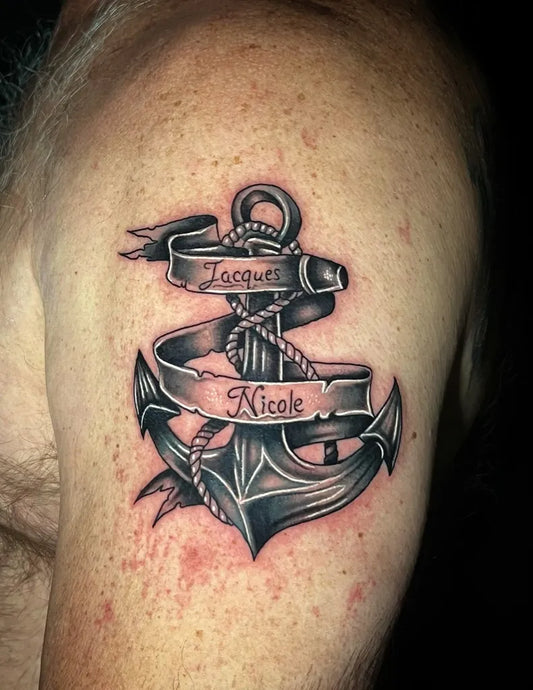 Medium Black and Grey Anchor with Banner Tattoo on Men Shoulder by @onismstabz_tattoo