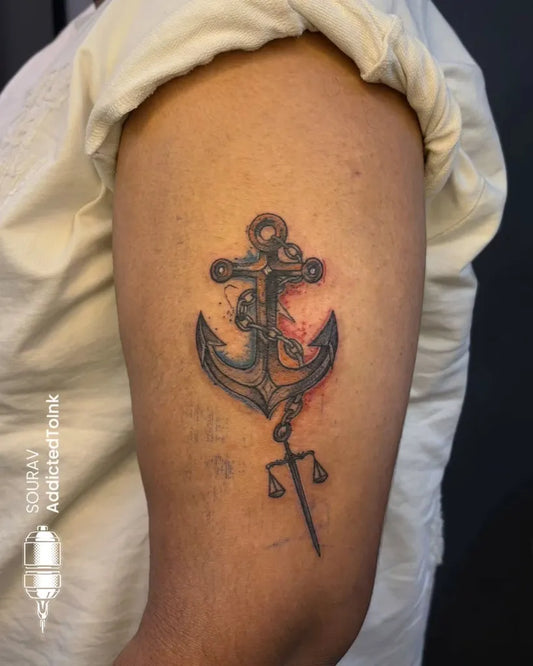 Medium Black and Grey Anchor with Scales Tattoo on Women Upper Arm by @addic.tedtoink