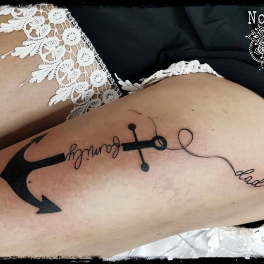 Medium Black and Grey Anchor with Script Tattoo on Women Thigh by @nocer_art_tattoo