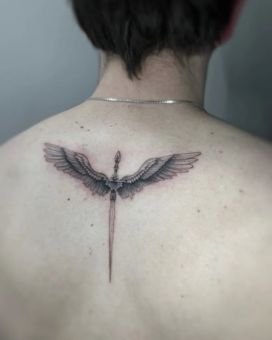 Medium Black and Grey Angel Wings with Spear Tattoo on Men Back by @finelinetattooslondon