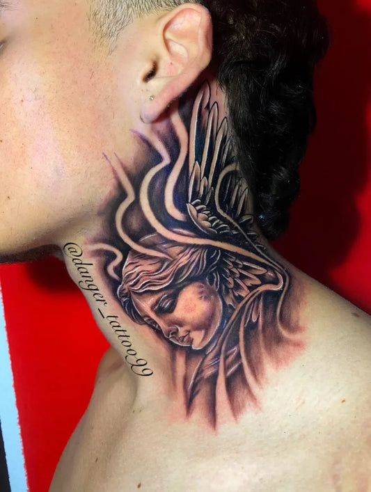 Medium Black and Grey Angel on Men Neck Tattoo by @danger_tattoo99