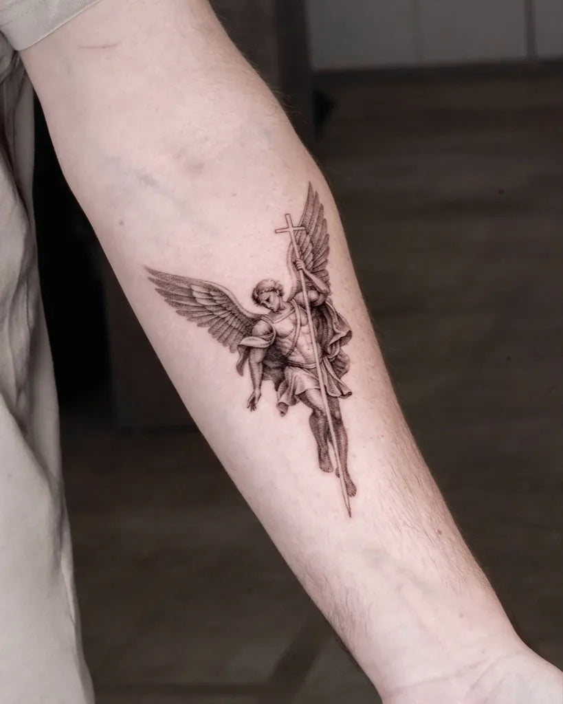 Medium Black and Grey Angel with Cross and Wings on Men Arm Tattoo by @willfinchdesign