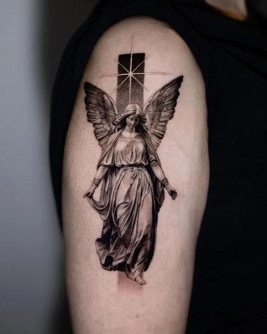 Medium Black and Grey Angel with Cross and Wings on Women Arm Tattoo by @comma_ttt