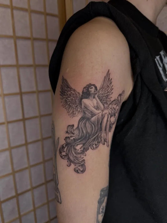 Medium Black and Grey Angel with Horse and Wings on Women Arm Tattoo by @albamartintattoo