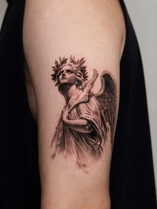Medium Black and Grey Angel with Laurel Wreath on Men Arm Tattoo by @oowha_