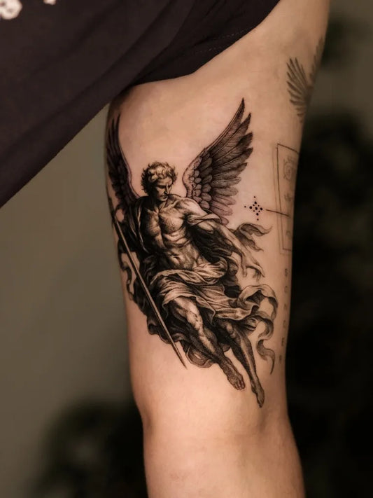 Medium Black and Grey Angel with Wings and Spear on Men Arm Tattoo by @michael.gaiman