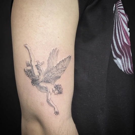 Medium Black and Grey Angel with Wings on Men Arm Tattoo by @enigmcd