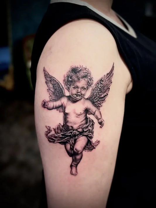 Medium Black and Grey Angel with Wings on Women Arm Tattoo by @nao70_dragonheart