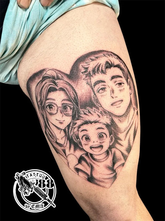 Medium Black and Grey Anime Family Tattoo on Women Thigh by @ema_tattoo88