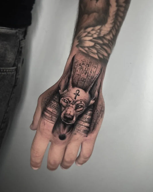 Medium Black and Grey Anubis Sarcophagus Tattoo on Men Forearm by @lu_tattz