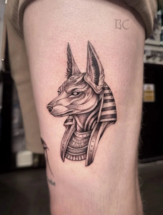 Medium Black and Grey Anubis Tattoo on Men Arm by @brandon__cooper