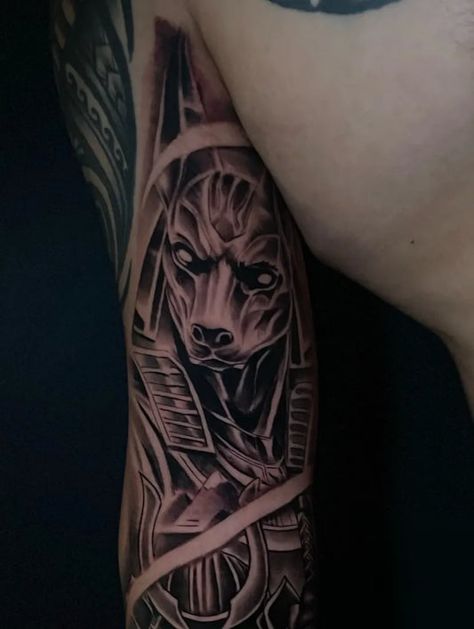 Medium Black and Grey Anubis Wrapped in Bandages Tattoo on Men Arm by @seleneleeray
