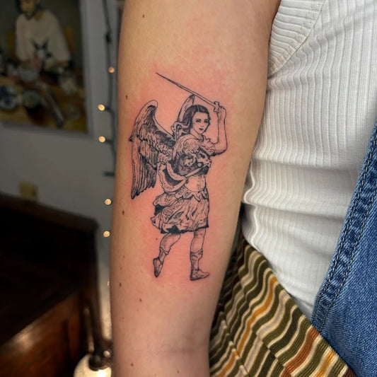 Medium Black and Grey Armored Angel with Sword on Women Arm Tattoo by @oxalis_______