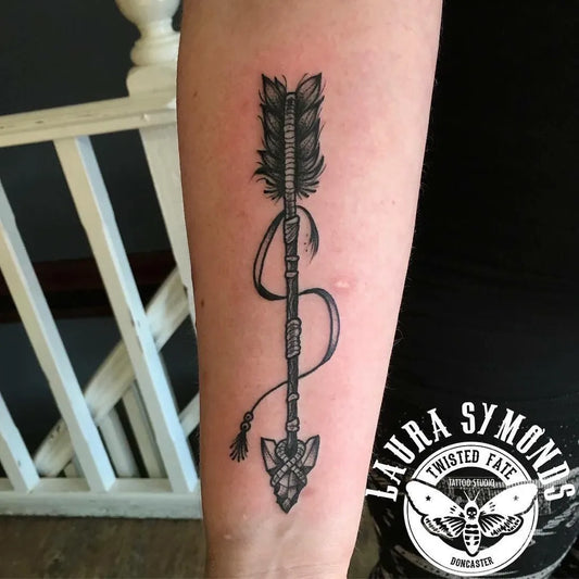 Medium Black and Grey Arrow with Ribbon Tattoo on Women Arm by @twistedfatedoncaster