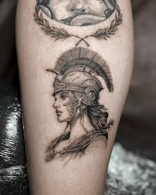 Medium Black and Grey Athena Laurel Wreath Tattoo on Women Thigh by @brick_tat