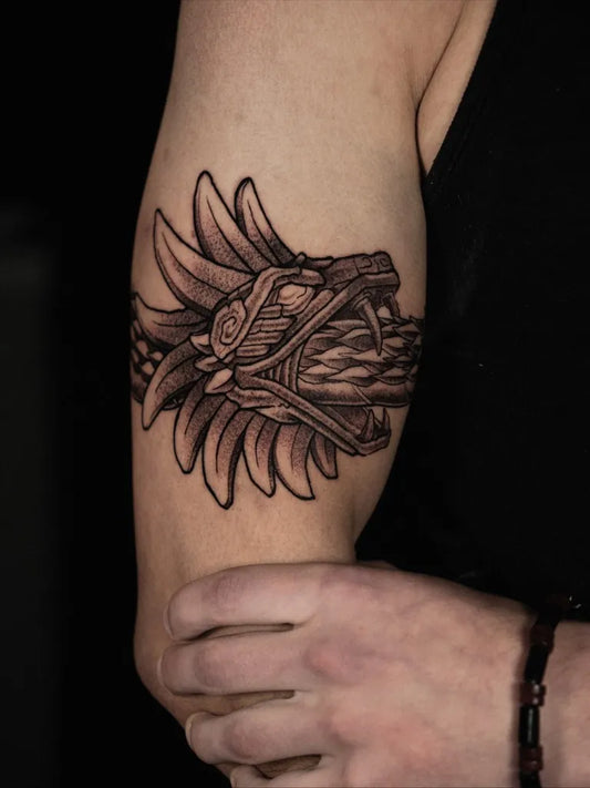 Medium Black and Grey Aztec Dragon Tattoo on Men Arm by @sapientattoos