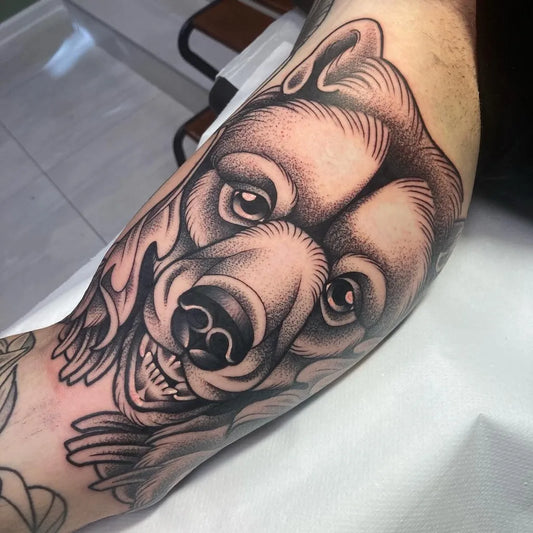 Medium Black and Grey Bear Head on Men Arm Tattoo by @halatattoosofia