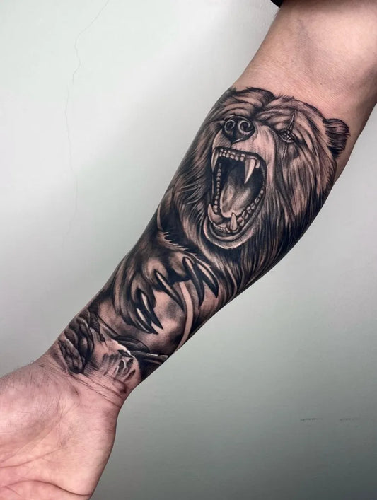 Medium Black and Grey Bear on Men Arm Tattoo by @daniellyc.arte