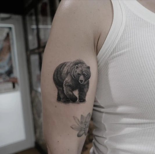 Medium Black and Grey Bear on Men Arm Tattoo by @martaszumigaj