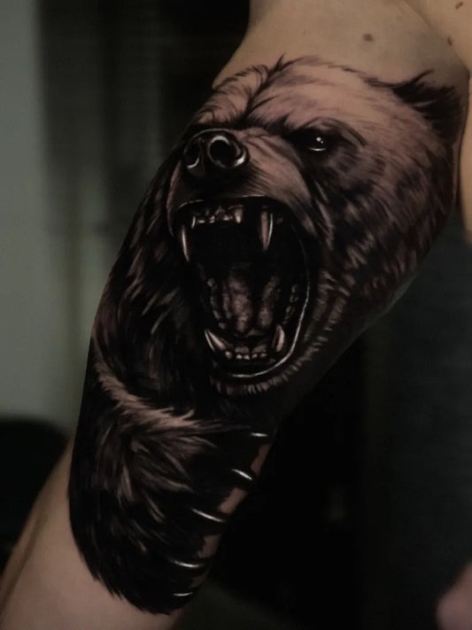 Medium Black and Grey Bear on Men Arm Tattoo by @tattooavo