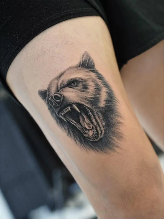 Medium Black and Grey Bear on Women Thigh Tattoo by @baronart_john