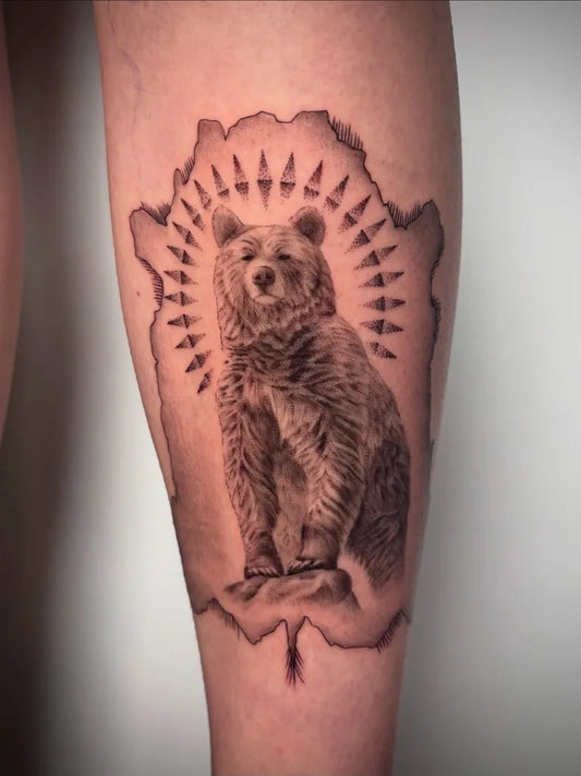 Medium Black and Grey Bear with Maple Leaf on Men Arm Tattoo by @deer.woman.ink
