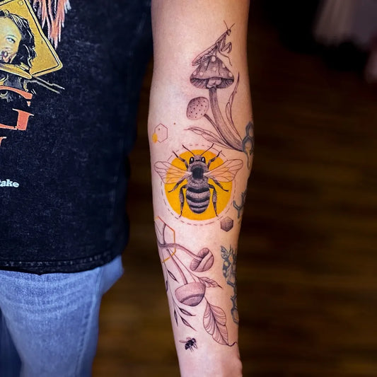 Medium Black and Grey Bee Mushroom Flower on Women Arm Tattoo by @jenivaos.tattoo