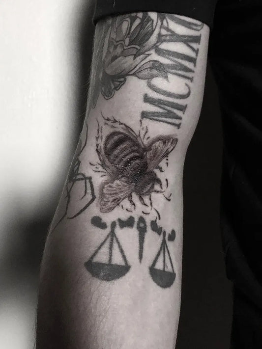 Medium Black and Grey Bee Scales on Men Arm Tattoo by @dourlover