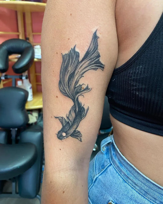 Medium Black and Grey Betta Fish Nature Tattoo on Women Arm by @redcatstudio.tattoo
