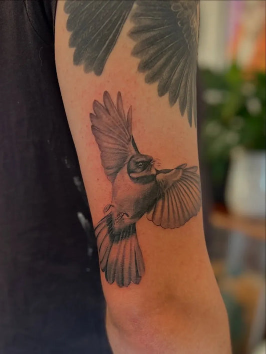 Medium Black and Grey Bird Tattoo on Men Arm by @sammy.tattoos