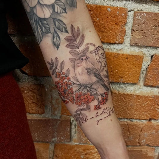 Medium Black and Grey Bird and Berries Tattoo on Women Arm by @katbjorky