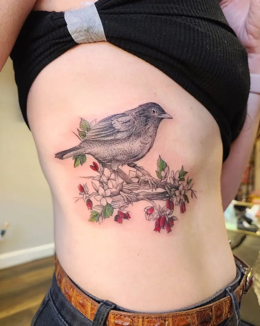 Medium Black and Grey Bird and Cherry Blossom Tattoo on Women Rib by @lunalanatattoo
