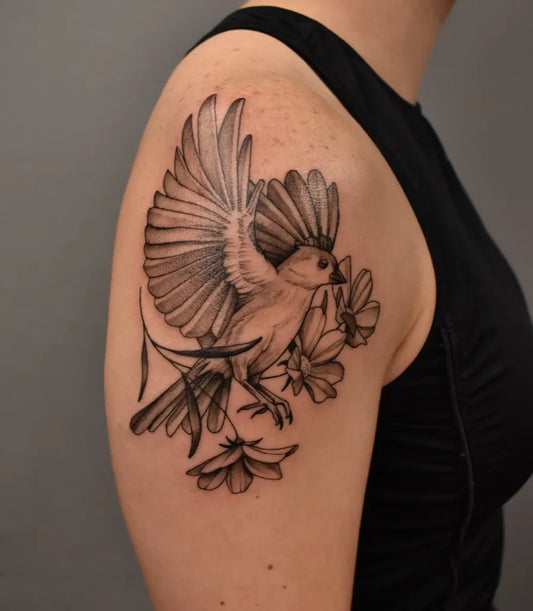 Medium Black and Grey Bird and Flowers Tattoo on Women Shoulder by @legend_eli