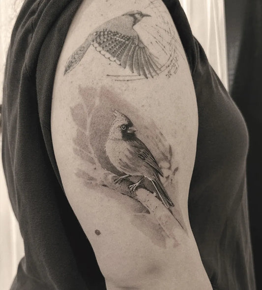 Medium Black and Grey Bird and Leaves Tattoo on Women Shoulder by @zeetatart