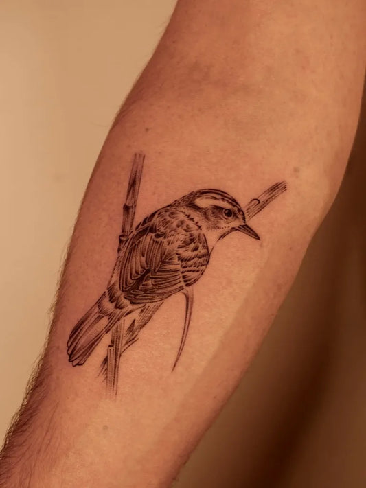 Medium Black and Grey Bird on Branch Nature Tattoo on Men Arm by @mas_tattoos_