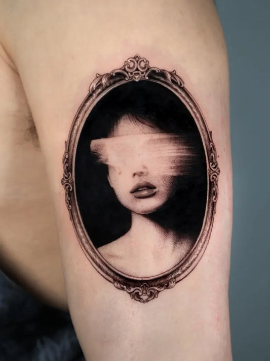 Medium Black and Grey Blurred Woman in Ornate Frame Tattoo on Women Arm by @marily_tattoo