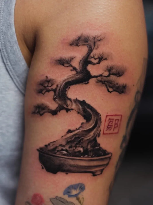 Medium Black and Grey Bonsai Tree Tattoo on Men Arm by @billy.holistic