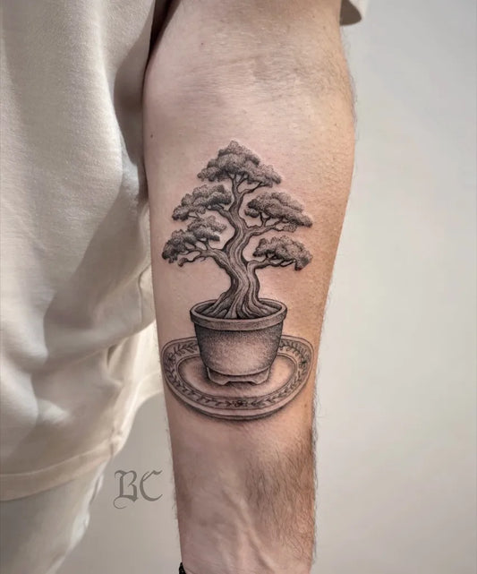 Medium Black and Grey Bonsai Tree Tattoo on Men Arm by @brandon__cooper