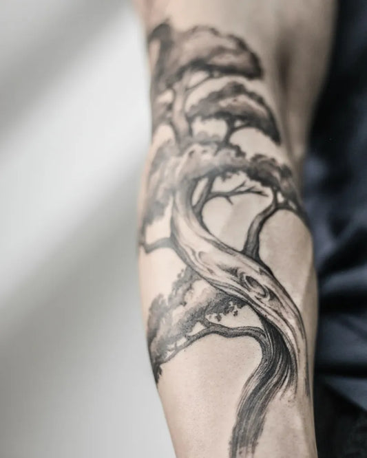 Medium Black and Grey Bonsai Tree Tattoo on Men Arm by @georgefrancis.art