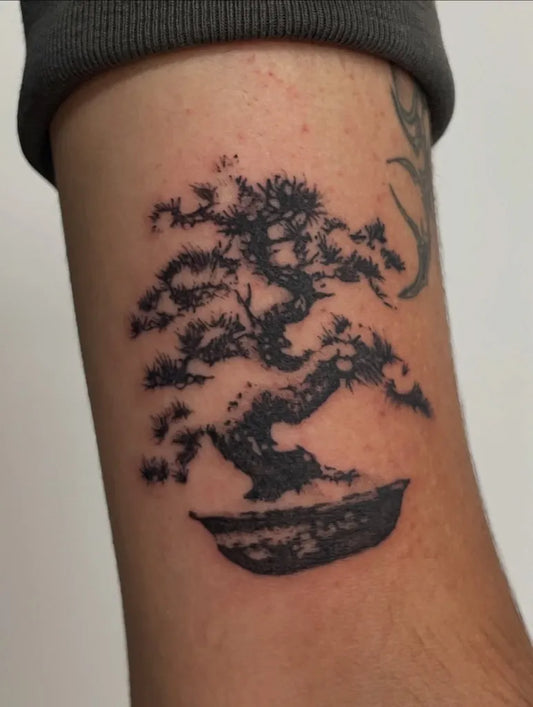 Medium Black and Grey Bonsai Tree Tattoo on Men Arm by @tattoo.tokki