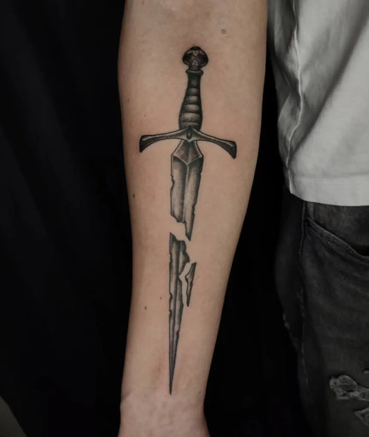 Medium Black and Grey Broken Sword on Men Forearm Tattoo by @laurahmerta