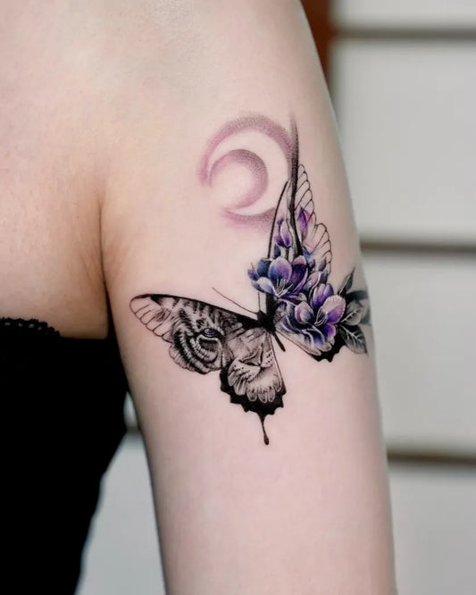 Black and Grey Butterfly with Flowers on Women Upper Arm Tattoo by @forest__tt