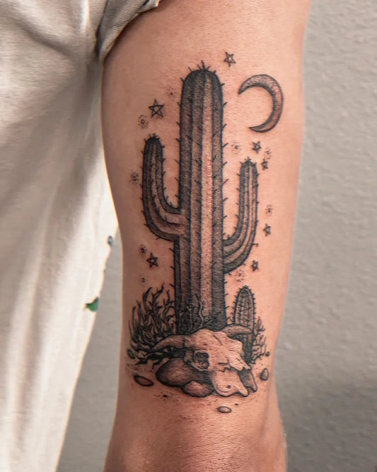 Medium Black and Grey Cactus Moon Skull Tattoo on Men Arm by @inkbylorraine