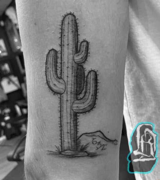 Medium Black and Grey Cactus Tattoo on Men Arm by @kennethmillertattoos