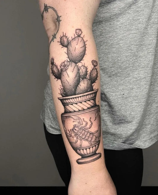Medium Black and Grey Cactus and Scorpion in Vase Tattoo on Women Arm by @thebellrosetattoo