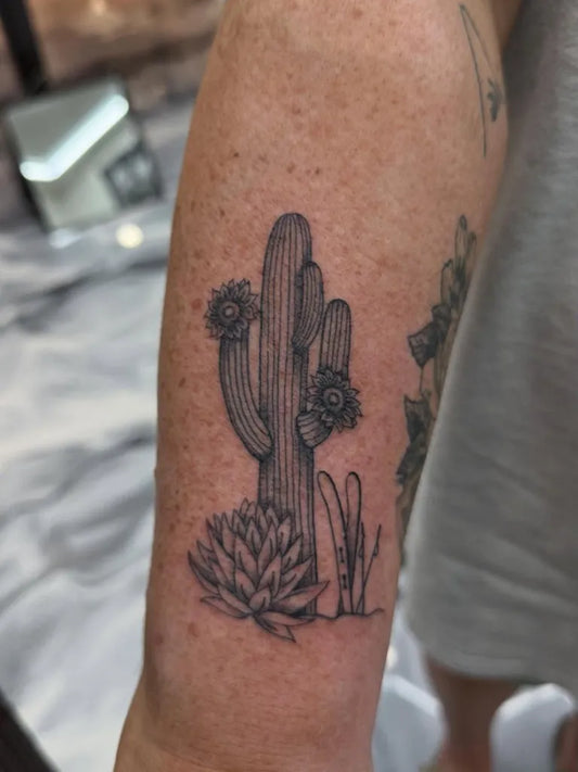 Medium Black and Grey Cactus and Succulents Tattoo on Women Arm by @namm.tattoo
