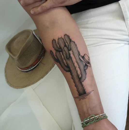 Medium Black and Grey Cactus with Sombrero Tattoo on Women Arm by @j_nooodle